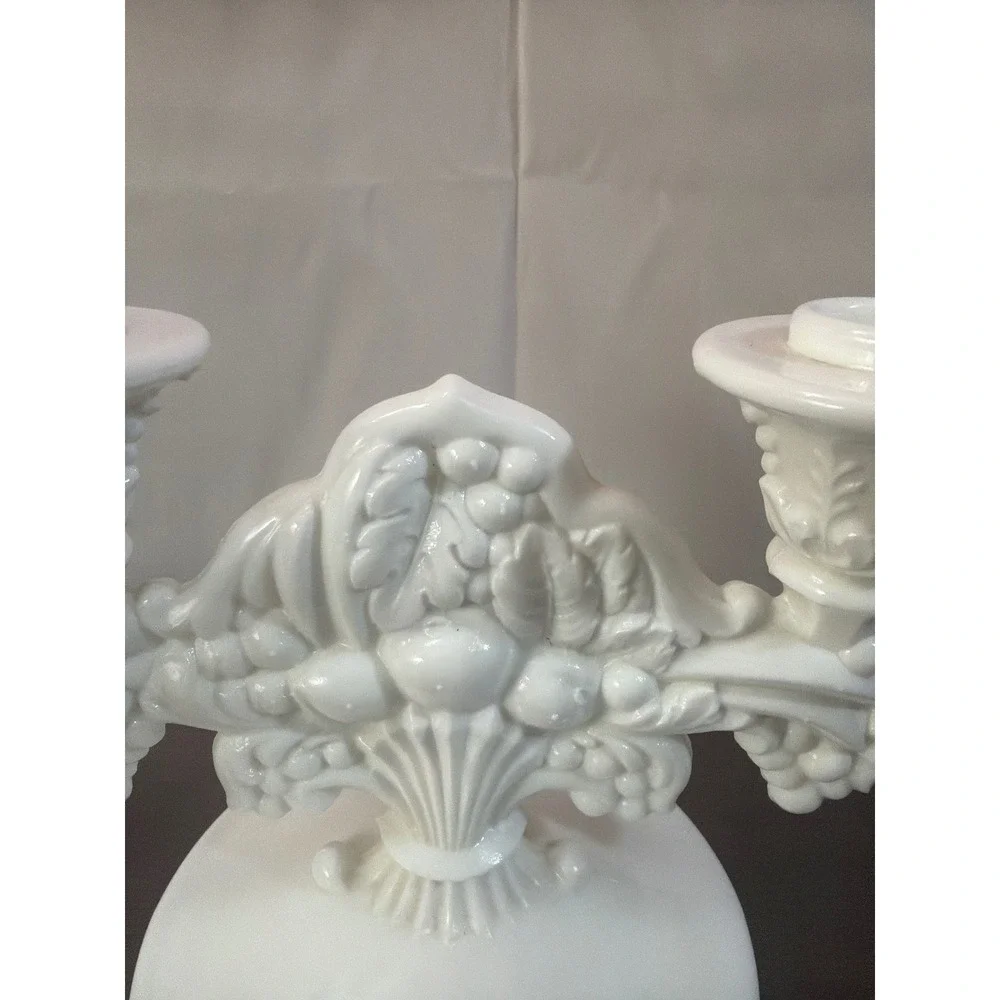 Indiana Milk Glass‎ Double Arm Candelabra Fruit Harvest Cornucopia White 5.5in